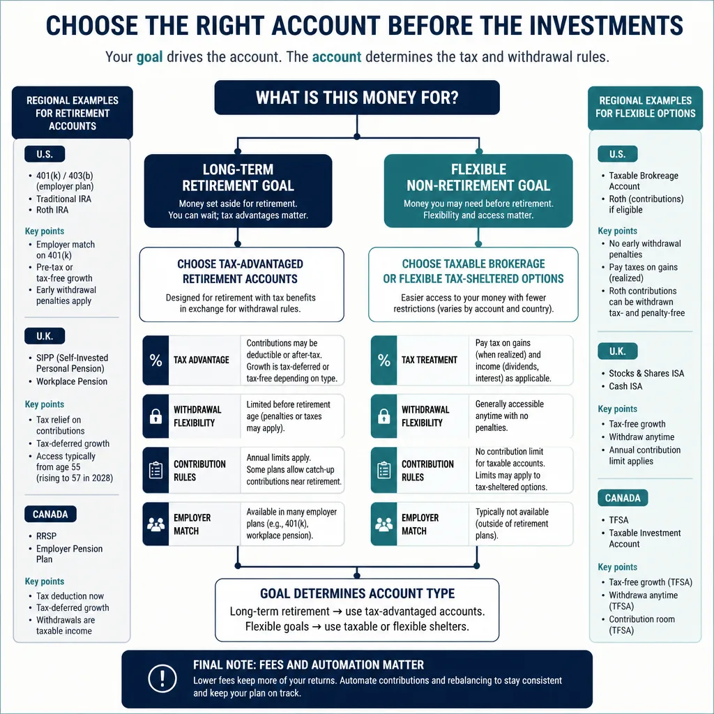 Decision flowchart comparing long-term retirement goals and flexible goals, routing to tax-advantaged or taxable investment accounts with regional examples for the U.S., U.K., and Canada.