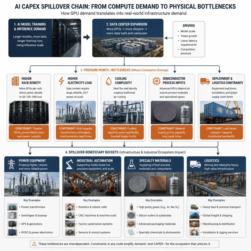 A step-by-step spillover workflow from GPU demand to power, cooling, industrial automation, materials, and logistics bottlenecks.