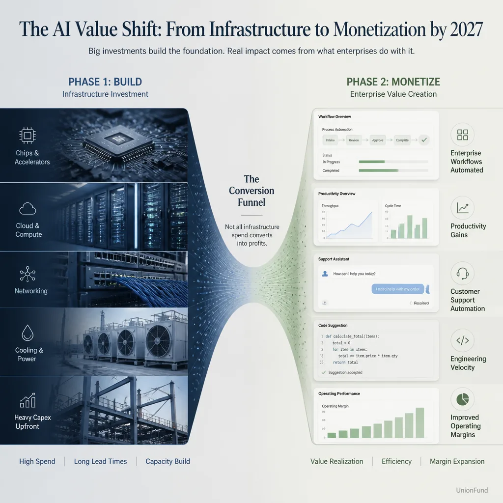 Comparison graphic showing AI investment shifting from infrastructure spending on chips and data centers toward monetization through software, productivity, and margin improvement
