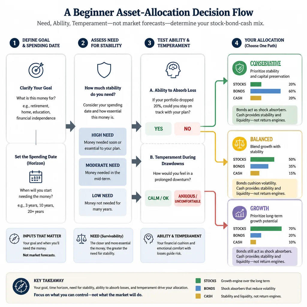 Step-by-step flow from goal and constraints into a simple stock-bond-cash allocation using a Need, Ability, Temperament decision tool.