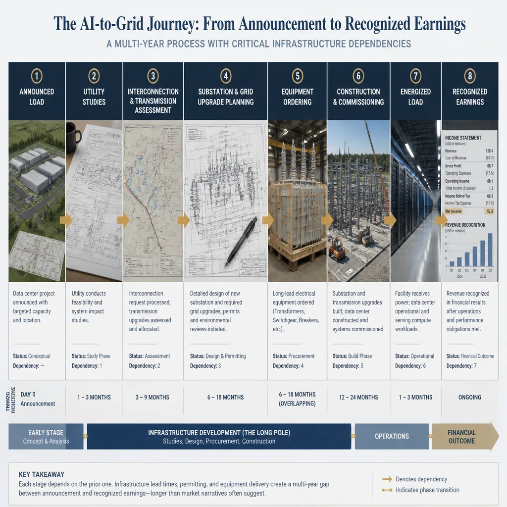 Horizontal workflow graphic showing the sequence from data center announcement through utility studies, transmission upgrades, equipment ordering, construction, energization, and earnings recognition.