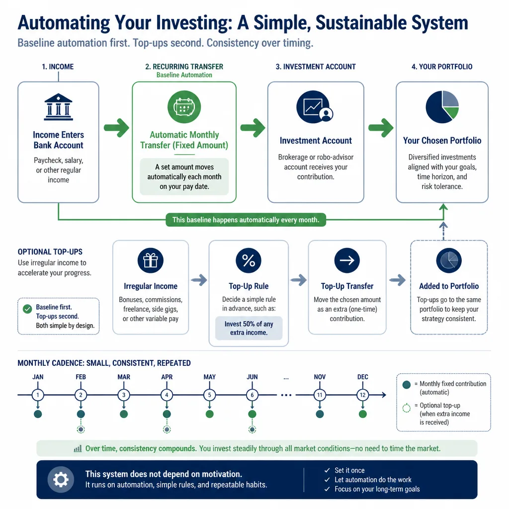 Monthly automation workflow showing paycheck or income entering a bank account, fixed transfer to investment account, optional top-up path for irregular income, and recurring contributions over time.