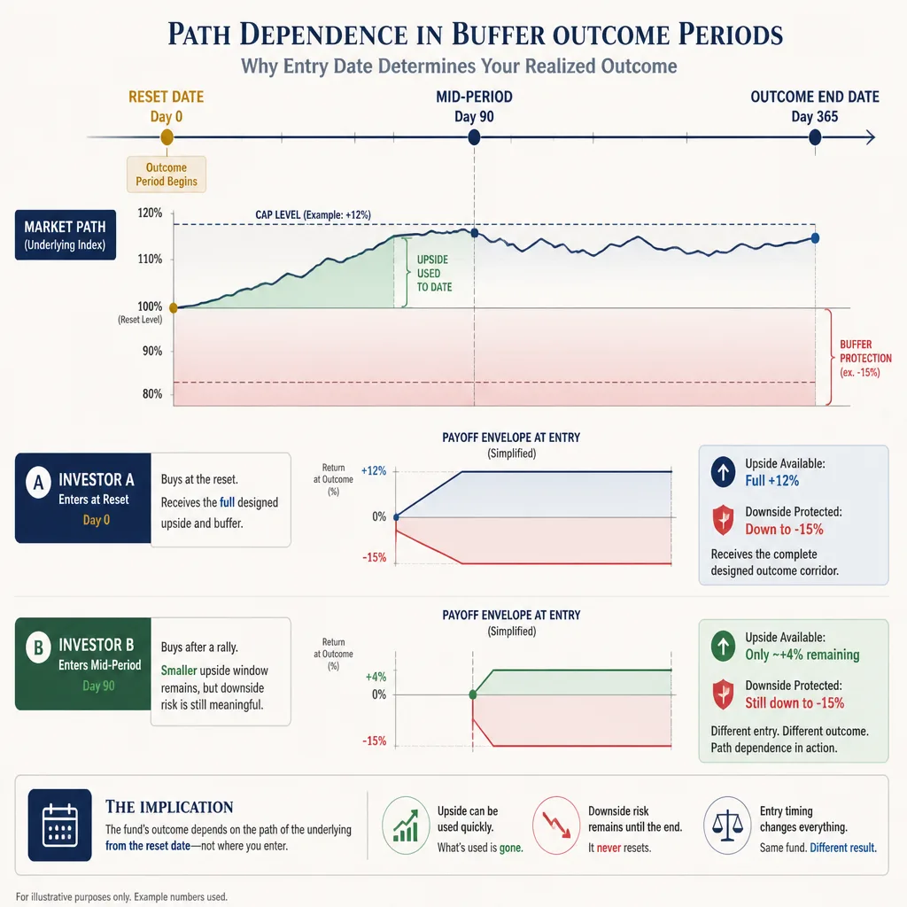 Timeline showing a buffer ETF outcome period, with buy-at-reset investor receiving full designed cap and buffer while mid-period buyer faces reduced remaining upside and different downside exposure.