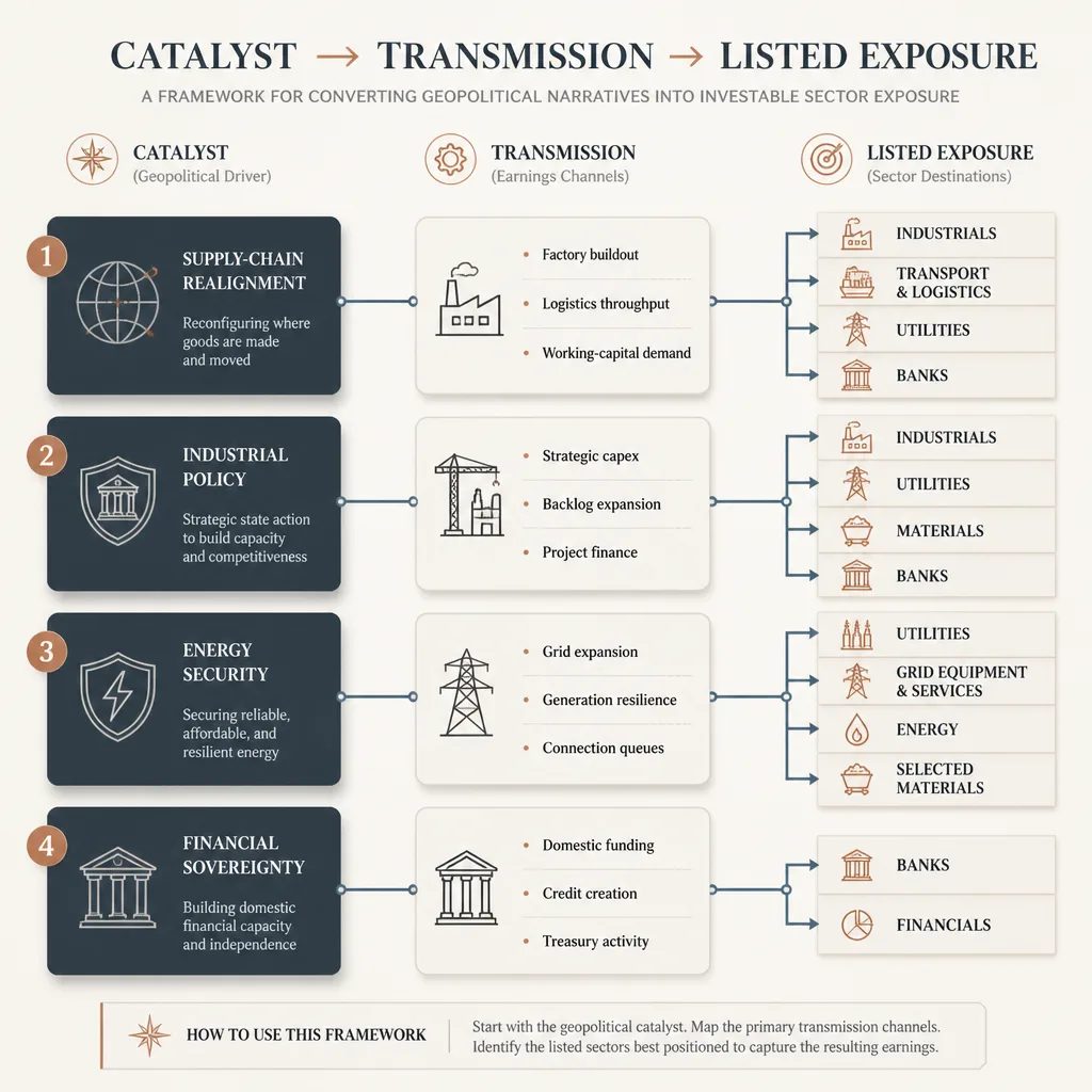 Flowchart showing catalyst to transmission to listed exposure, with branches from supply-chain realignment, industrial policy, energy security, and financial sovereignty into sector outcomes.