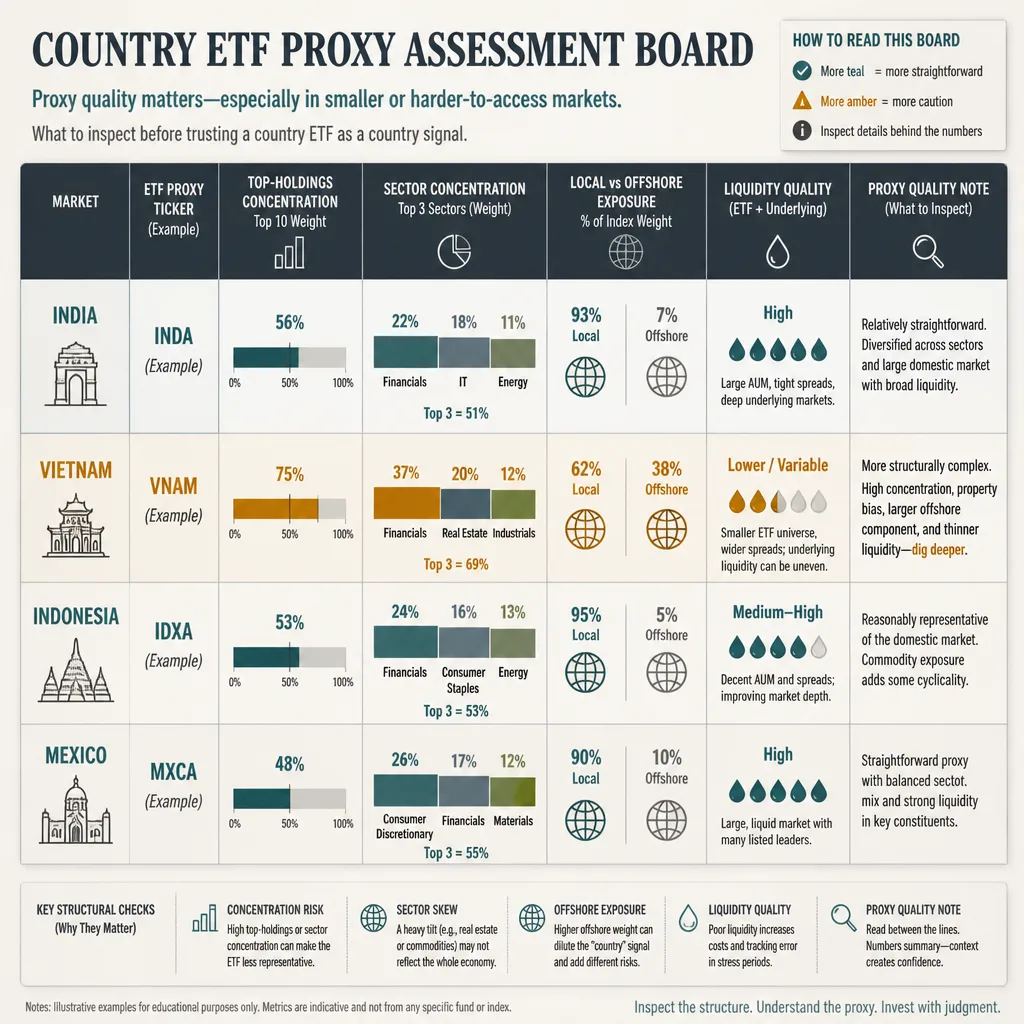 Structured country proxy evaluation table comparing India, Vietnam, Indonesia, and Mexico ETF proxies with concentration bars, sector mix blocks, liquidity markers, and proxy-quality notes.