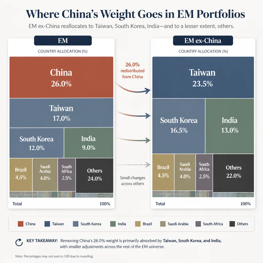 Side-by-side comparison graphic showing broad EM and EM ex-China with country allocation blocks, where China disappears and Taiwan, South Korea, and India become larger.
