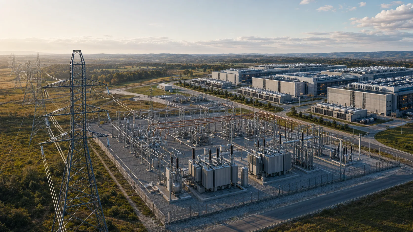 Editorial cutaway landscape showing an AI data center campus linked through substations and transmission lines to the wider power grid, with visible bottlenecks at transformers and switchgear.