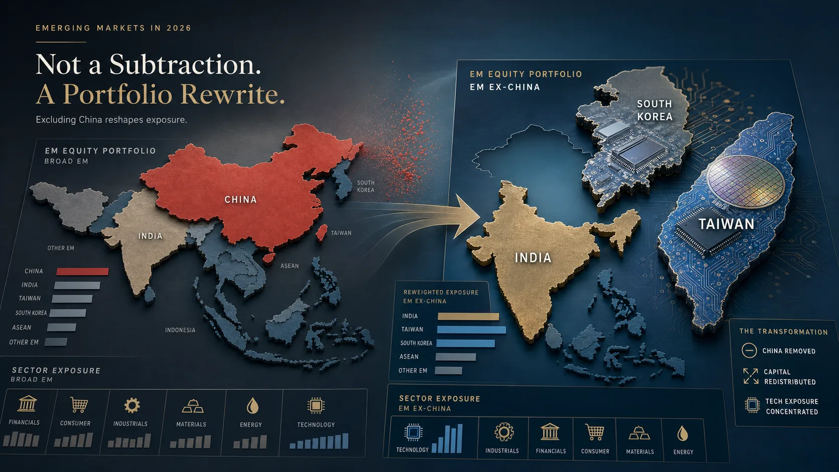 Split-screen editorial illustration of an emerging-markets portfolio map transforming from broad EM with China highlighted to EM ex-China with enlarged Taiwan, South Korea, and India, plus a visible semiconductor supply-chain emphasis.