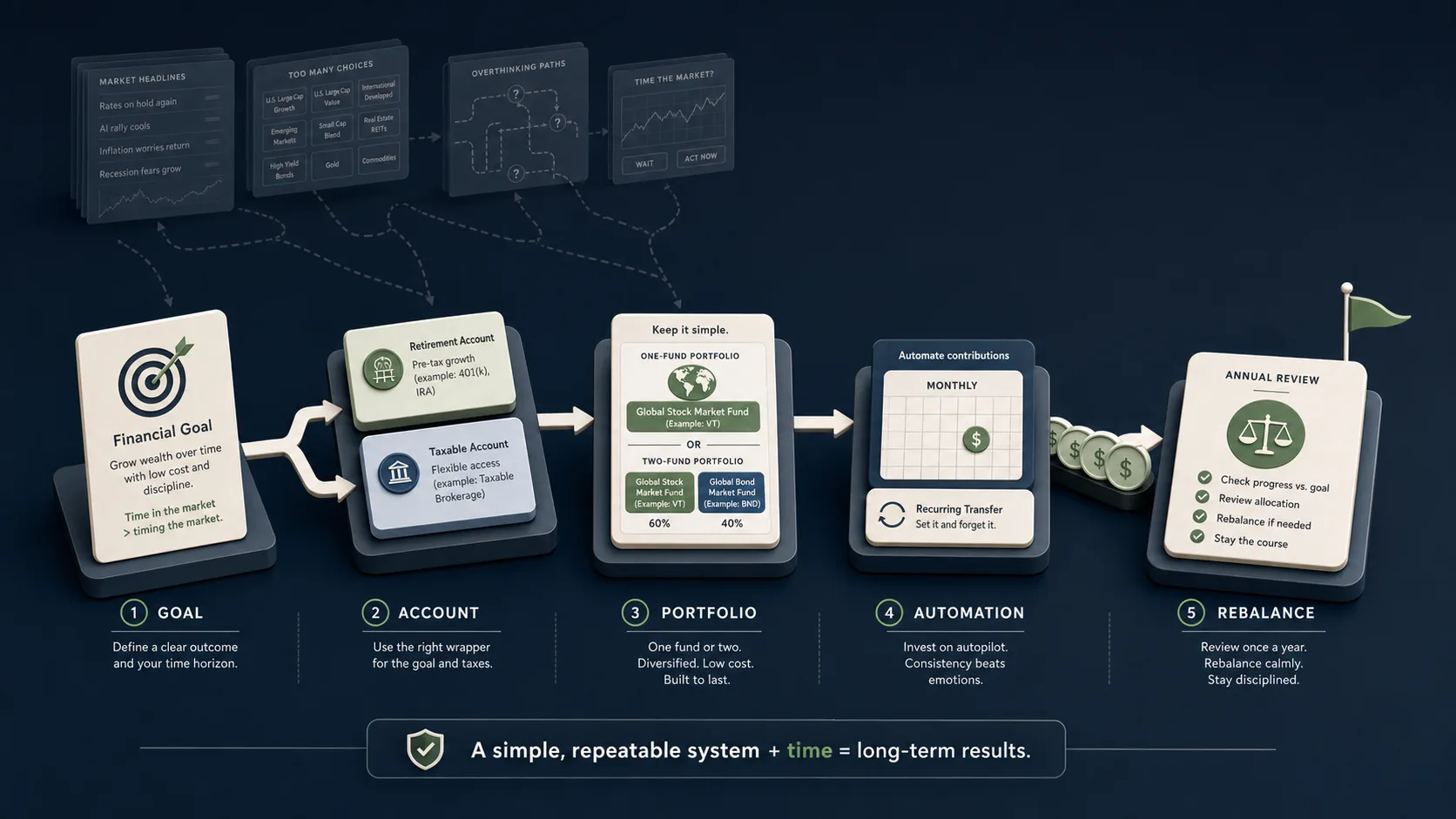 Landscape editorial diagram showing a beginner investor setup flowing from goal to account type to simple portfolio to automation to annual review, with complexity fading into the background.