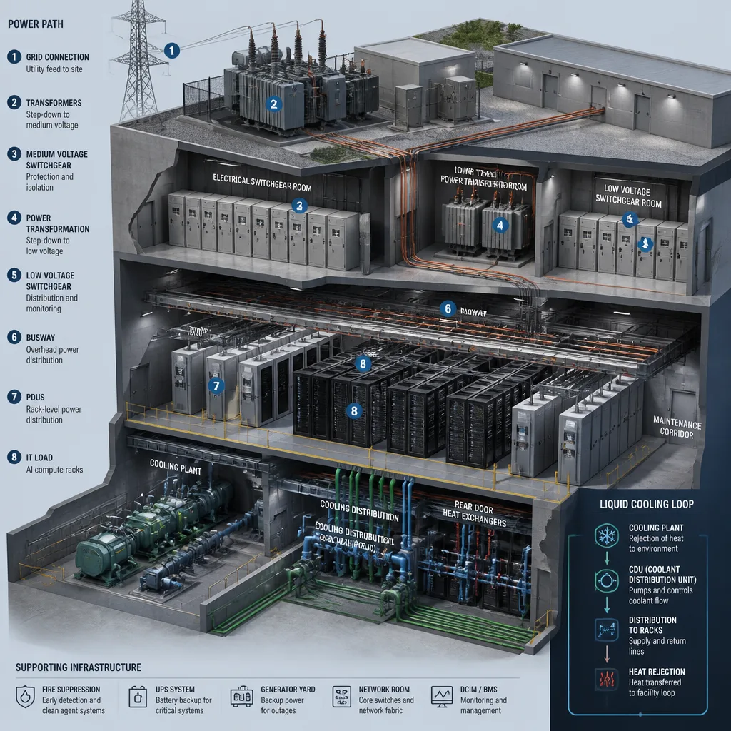 A realistic cross-sectional data center infrastructure scene showing electrical rooms, transformers, cooling systems, switchgear, busways, and maintenance access.