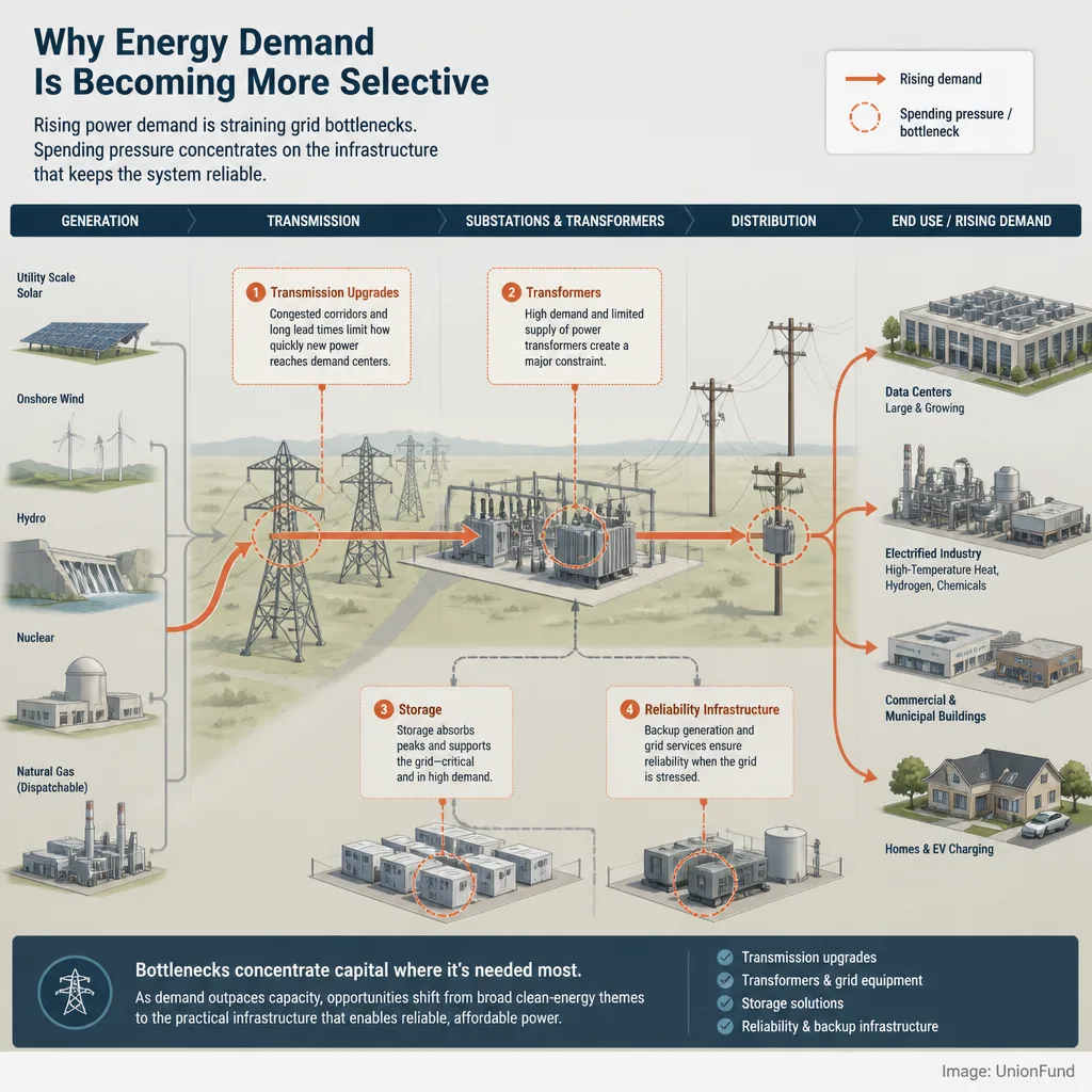 Annotated energy system illustration showing rising electricity demand from data centers and electrification flowing into bottlenecks in transmission, substations, storage, and backup generation