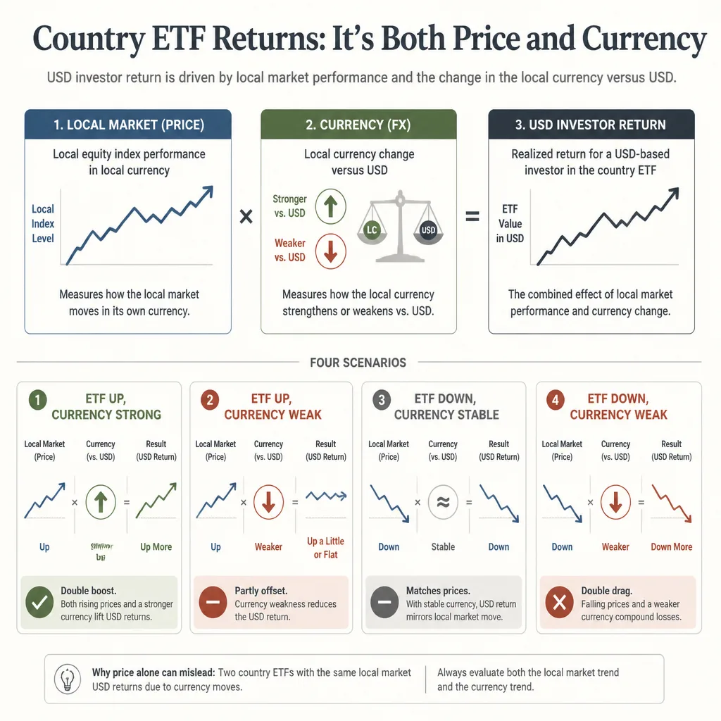 Annotated comparison graphic showing a country ETF price line split into components: local equity move, currency translation against USD, and final USD investor return, with four outcome examples.