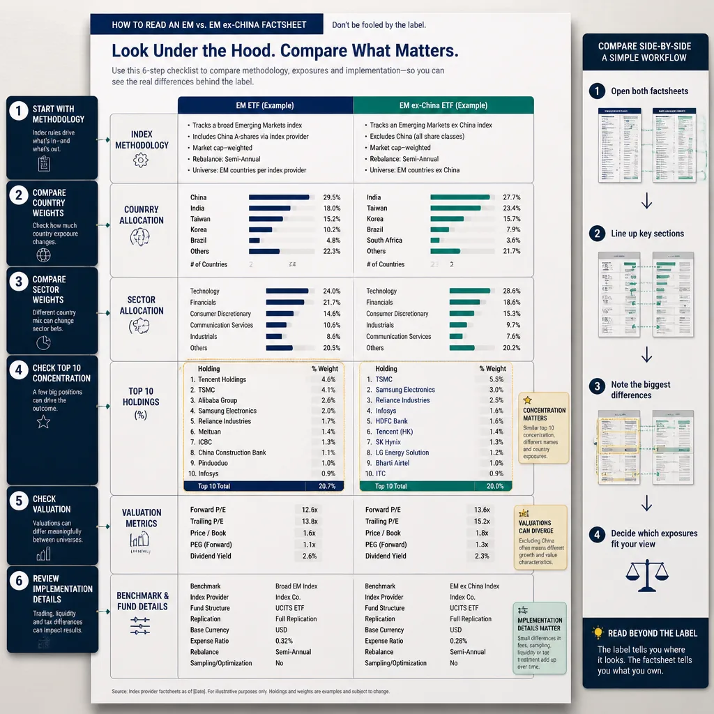 Annotated ETF factsheet-style checklist graphic highlighting index methodology, country weights, sector weights, top holdings, valuation, and implementation differences.