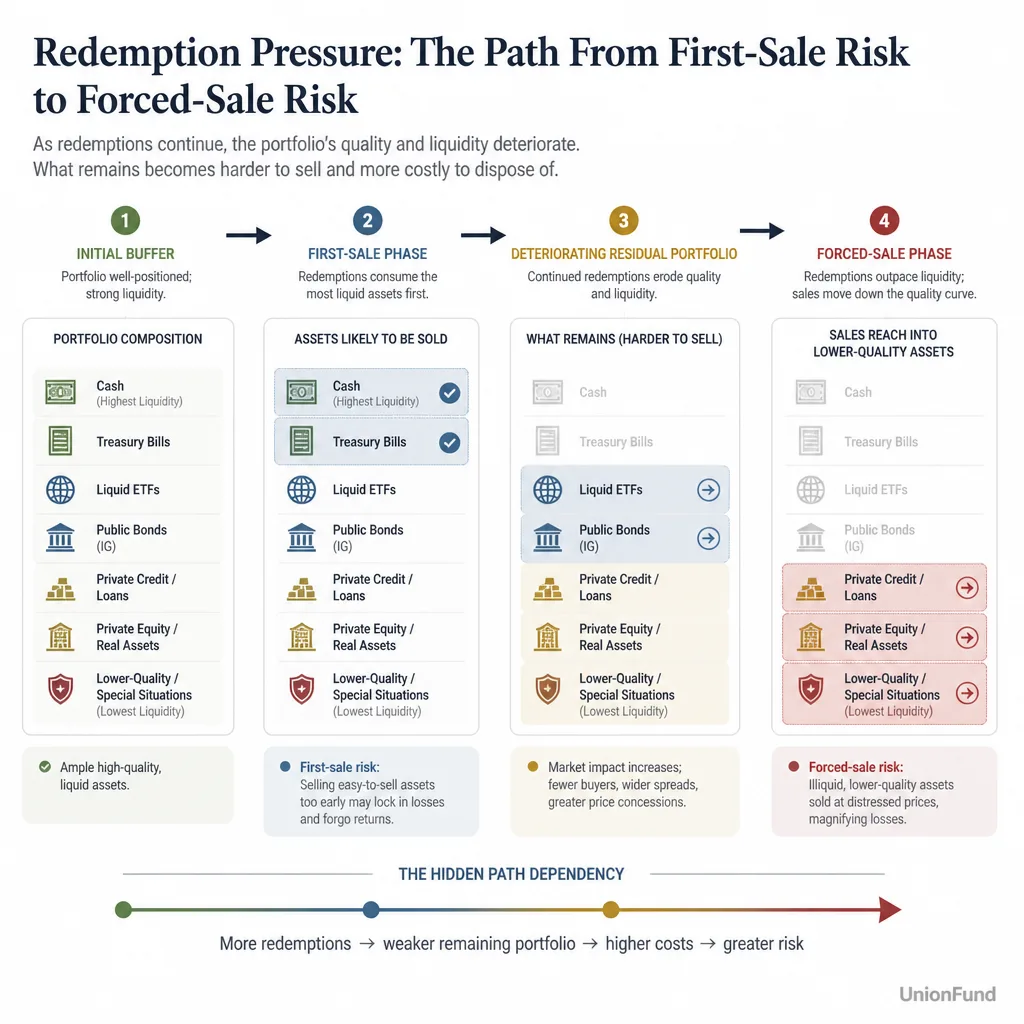 Flow diagram showing first-sale risk and forced-sale risk as redemptions progress from cash and Treasuries toward lower-liquidity assets