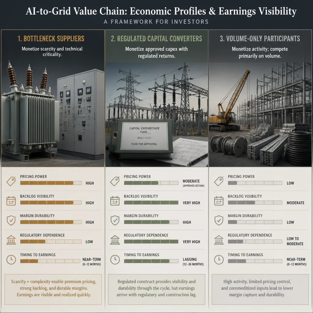 Three-column comparison graphic contrasting bottleneck suppliers, regulated utilities, and volume-only participants by pricing power, backlog quality, margin profile, and earnings timing.