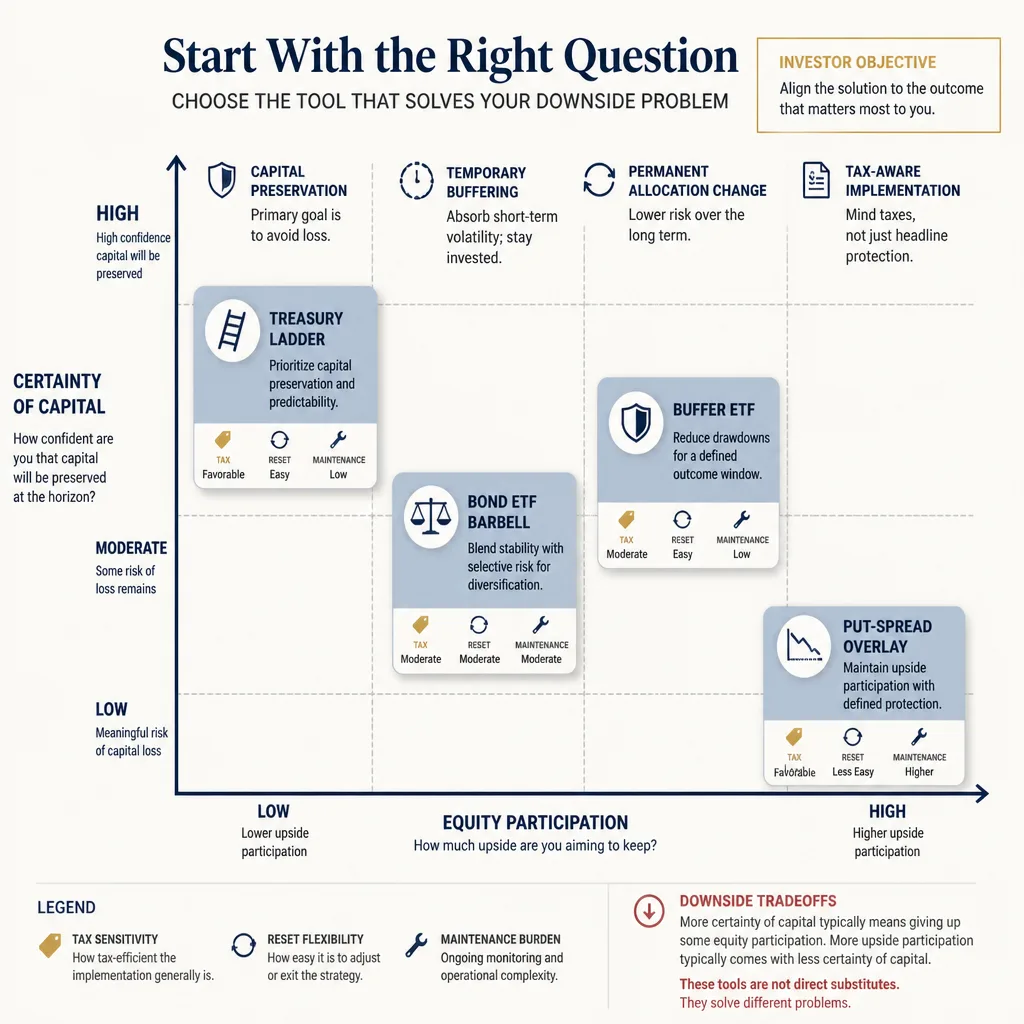 Decision framework matrix comparing investor goals such as capital preservation, drawdown reduction, smoother compounding, tax sensitivity, and implementation simplicity.