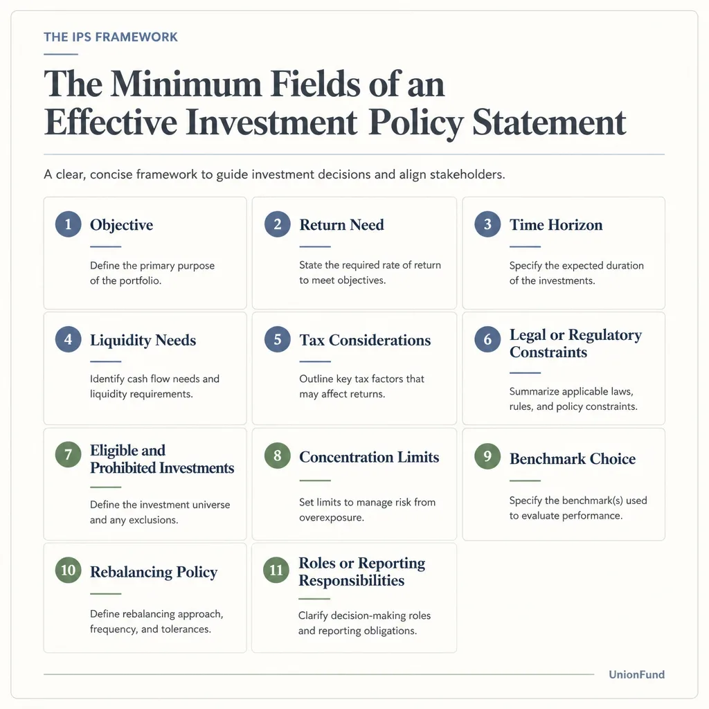 Clean one-page framework diagram showing the core fields of an investment policy statement, including objective, time horizon, liquidity, constraints, benchmark, risk limits, and reporting responsibilities