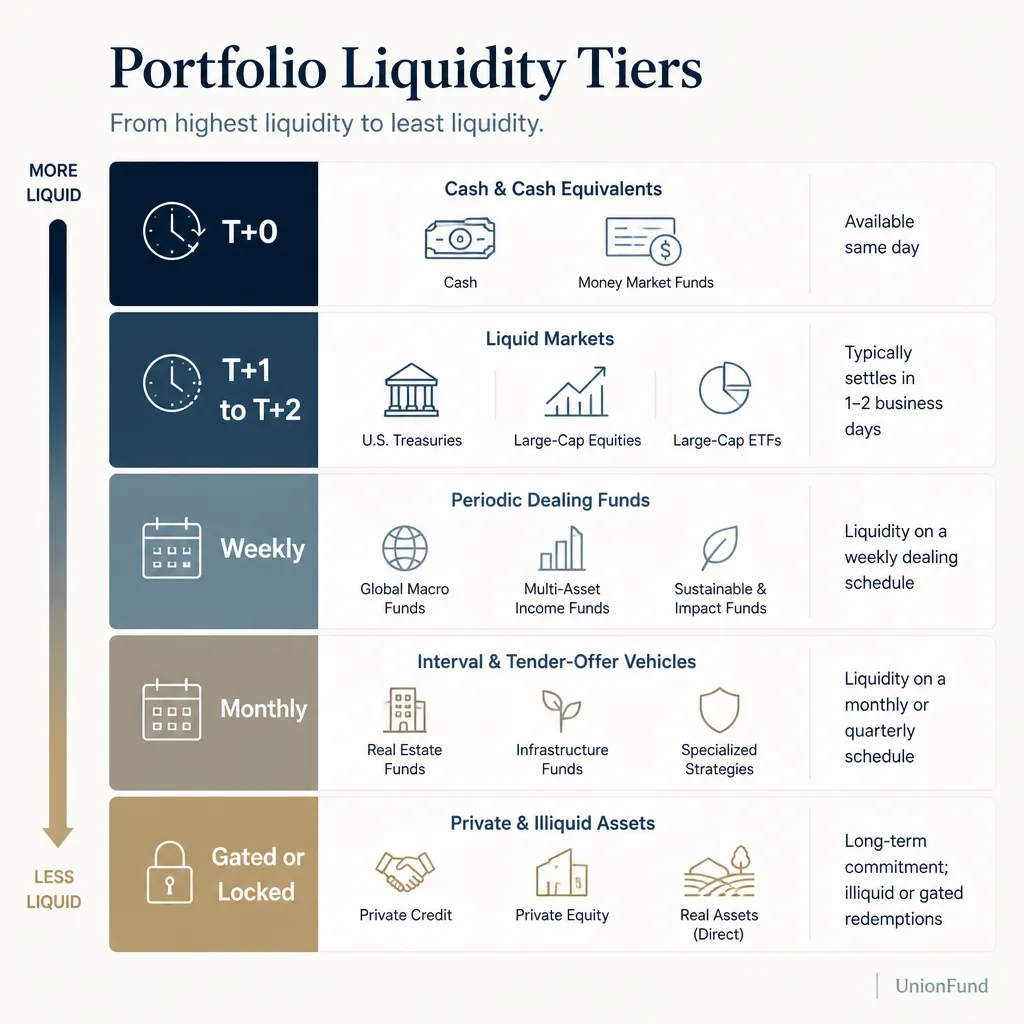 Clean tiered liquidity diagram showing T+0, T+1 to T+2, weekly, monthly, and gated or locked asset categories arranged from fastest to slowest access to cash