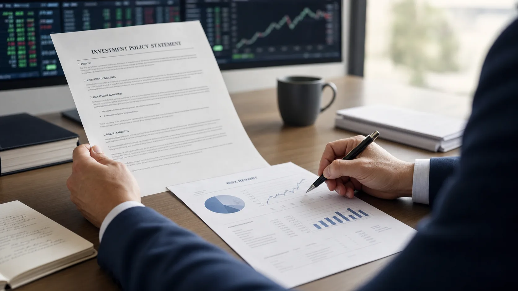 Professional portfolio manager reviewing a printed investment policy statement and portfolio risk reports at a clean desk, with market screens softly out of focus in the background