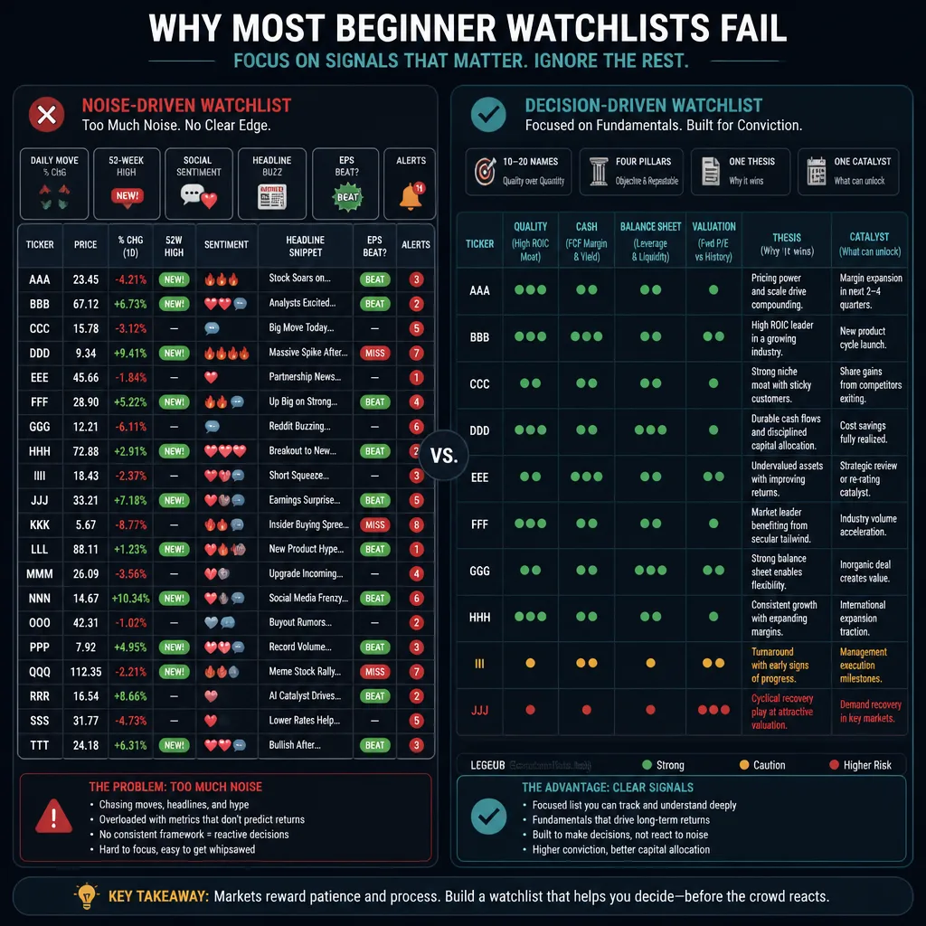 Side-by-side comparison of a noisy beginner watchlist and a focused fundamentals-based watchlist.