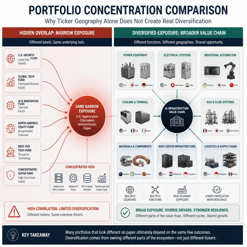 A comparison graphic showing overlapping portfolio exposures concentrated in U.S. AI leaders versus a more functionally diversified portfolio spread across infrastructure layers.