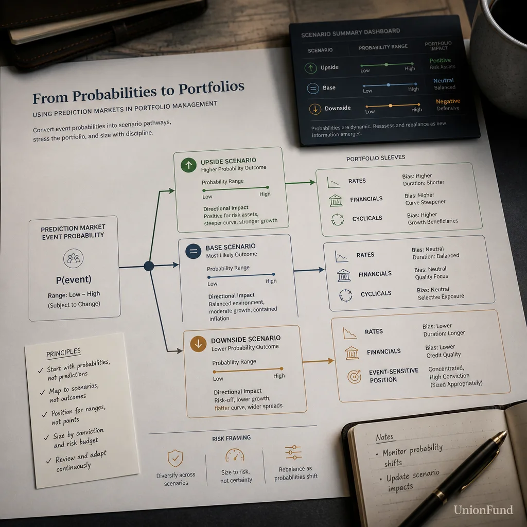 Portfolio scenario map translating one event probability into base, upside, and downside outcomes across sectors and positions rather than a single trade trigger.