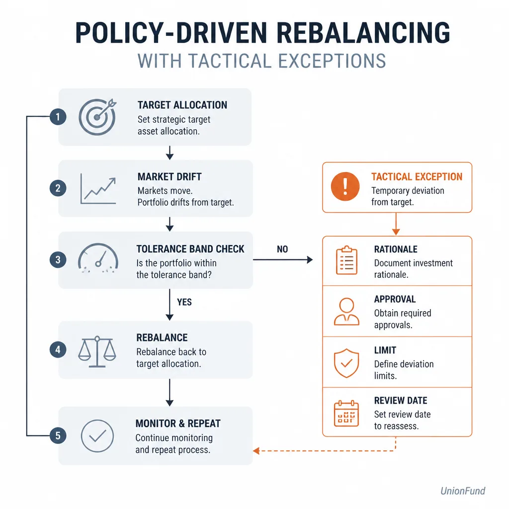 Policy workflow showing target allocation bands, drift beyond tolerance, review step, rebalance decision, and documented tactical exception path with expiration date
