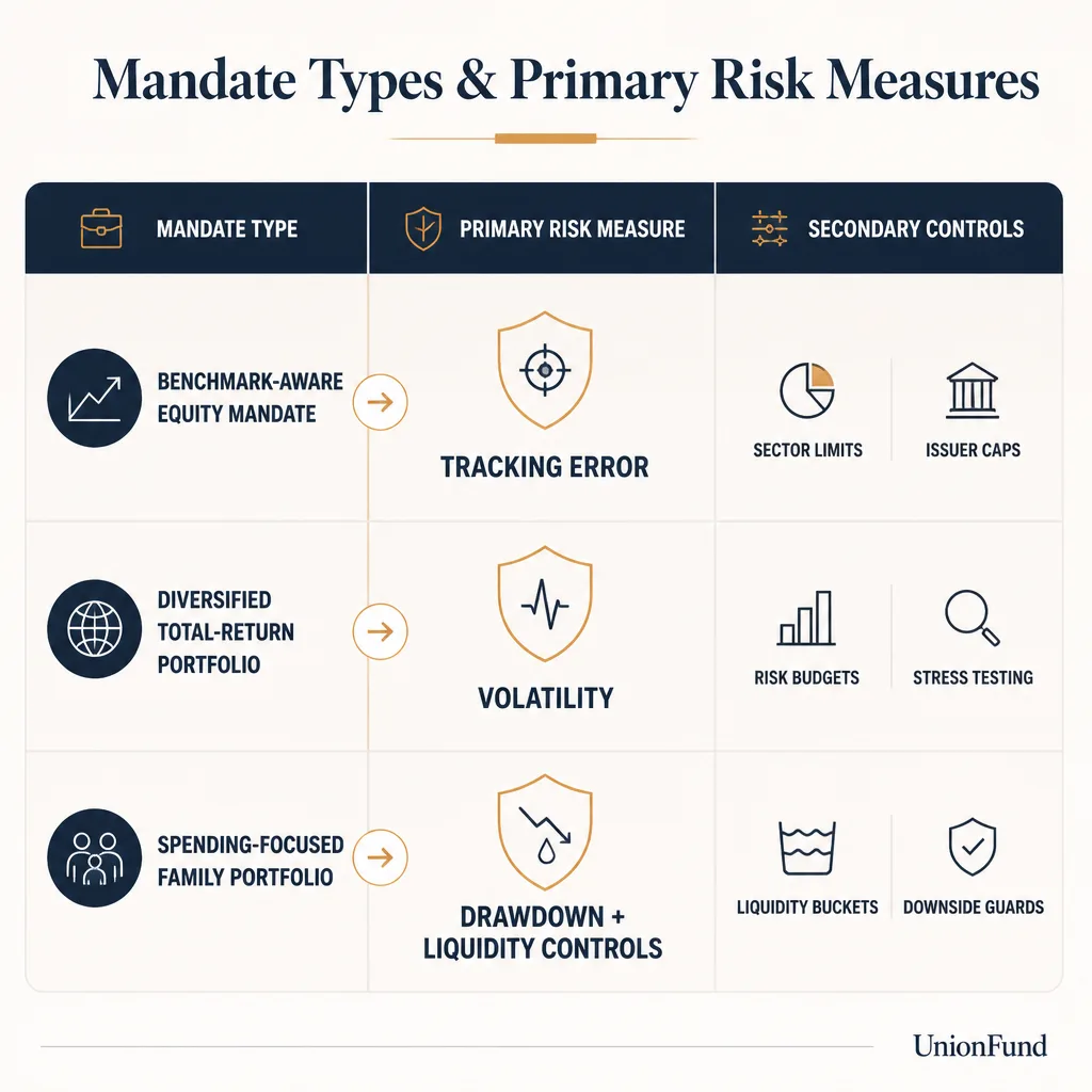 Comparison chart matching portfolio types to primary risk measures, showing benchmark-aware equity with tracking error, diversified total-return with volatility, and spending-focused portfolio with drawdown and liquidity limits