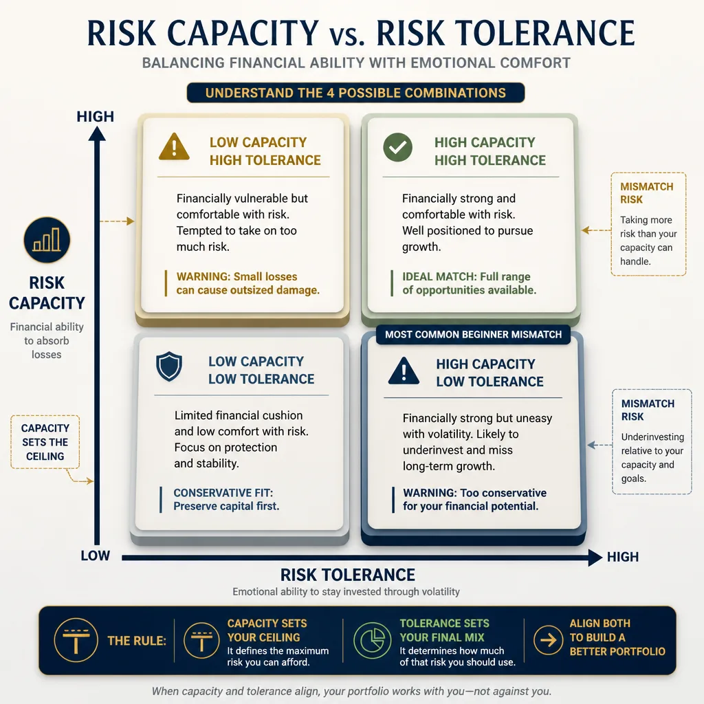 Matrix comparing risk capacity and risk tolerance, with four quadrants highlighting where investor behavior and financial ability align or conflict.