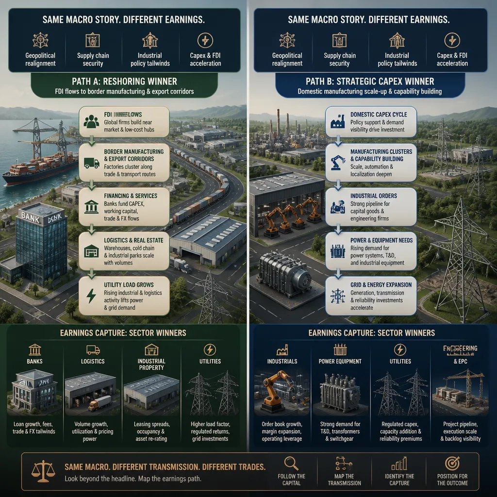Two side-by-side country transmission maps, one showing reshoring benefiting banks and infrastructure, the other showing strategic capex benefiting industrials and utilities, with similar headlines but different profit paths.
