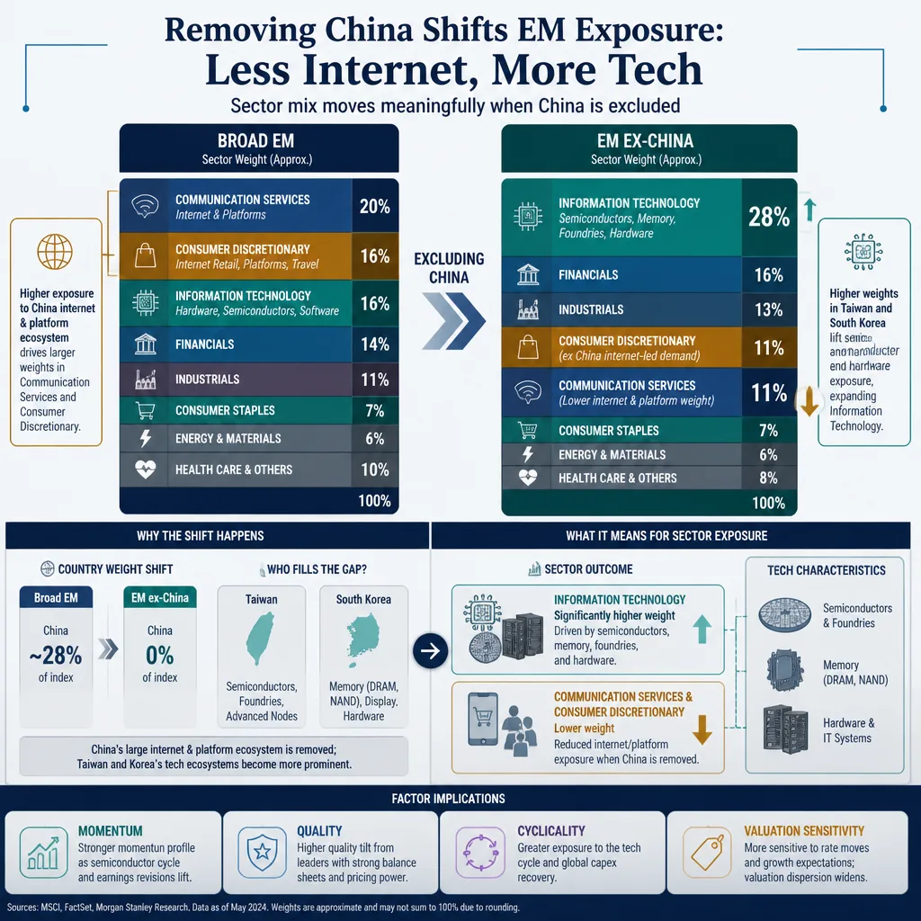 Editorial comparison graphic linking sector shifts to country exposure, with reduced China internet and increased semiconductor and hardware exposure in EM ex-China.