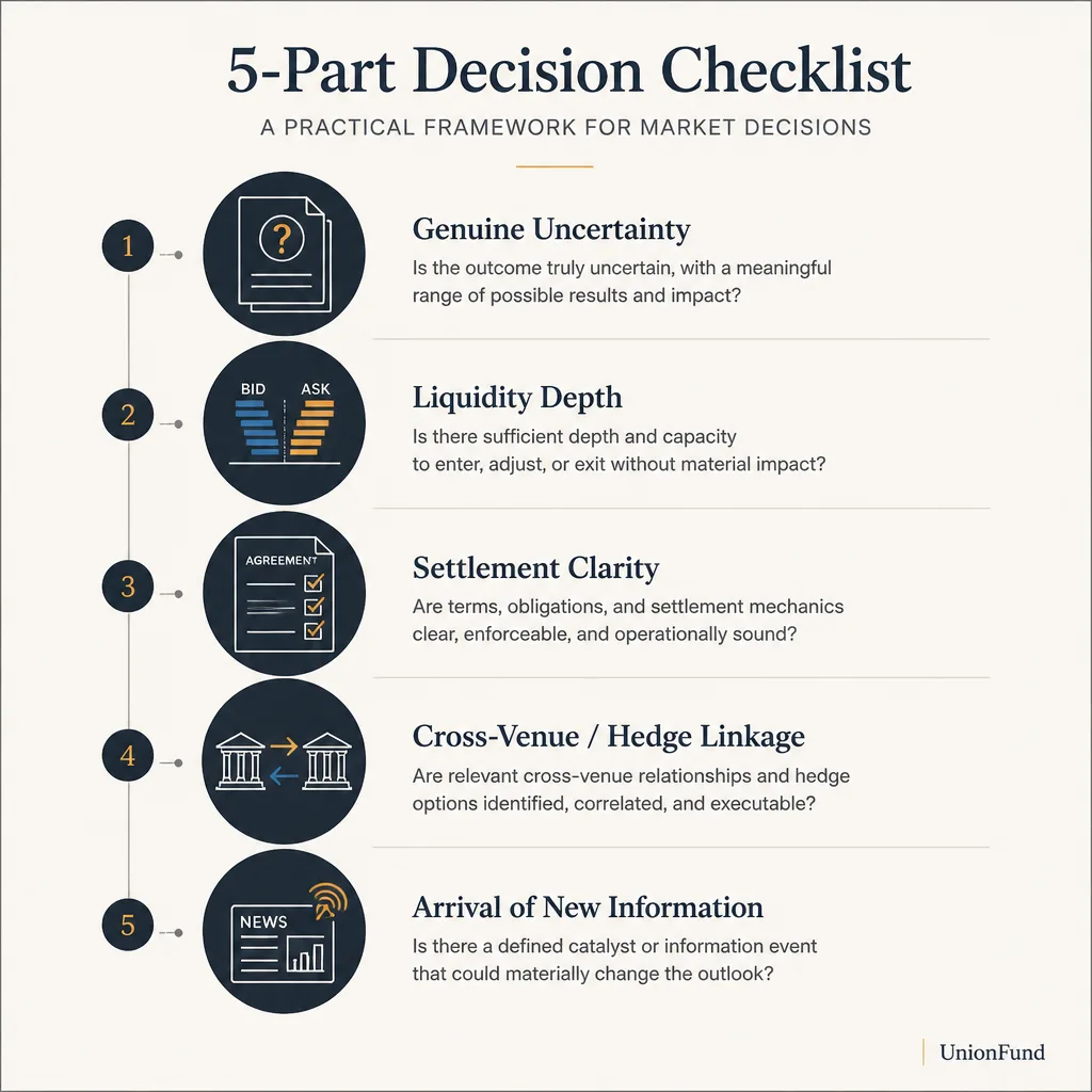 Decision framework checklist for evaluating whether a prediction market contract is signal-rich, including uncertainty, liquidity depth, settlement clarity, cross-venue linkage, and information flow.