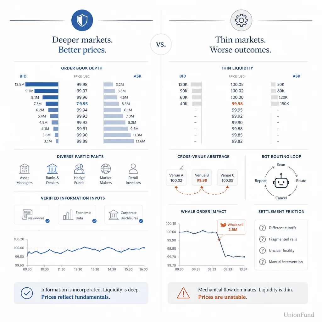 Comparison diagram contrasting signal-rich prediction market pricing with mechanically driven pricing using news flow, liquidity depth, arbitrage links, and whale impact.