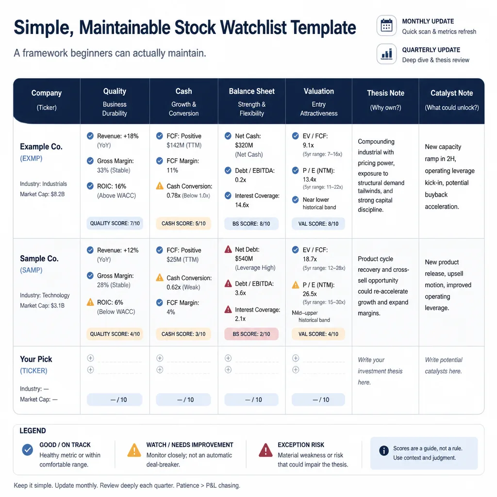 Simple watchlist table template with four main columns, thesis notes, catalyst notes, and selective risk color coding.