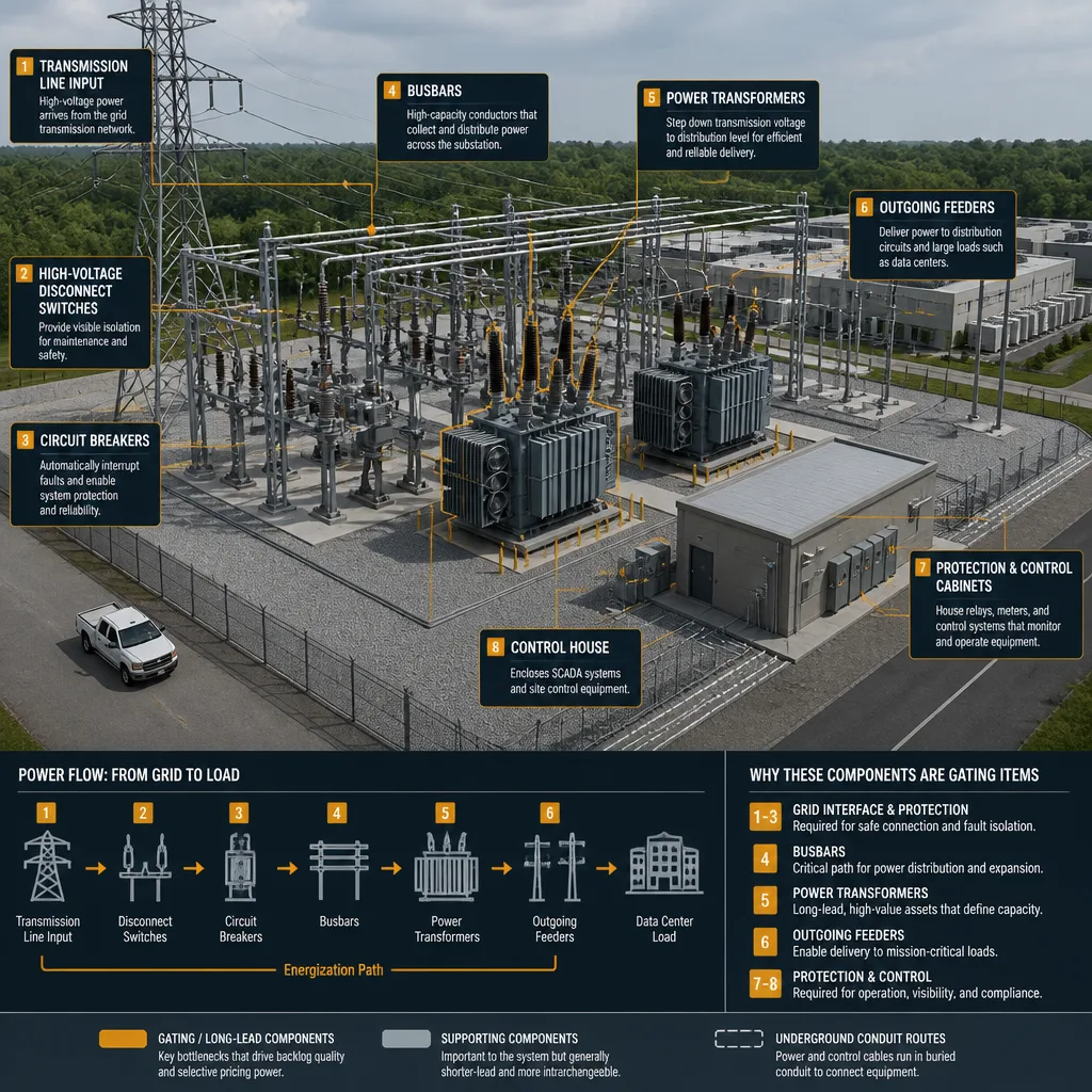 Annotated technical illustration of a utility substation highlighting large power transformers, switchgear, breakers, and control equipment as critical bottlenecks with long lead times.