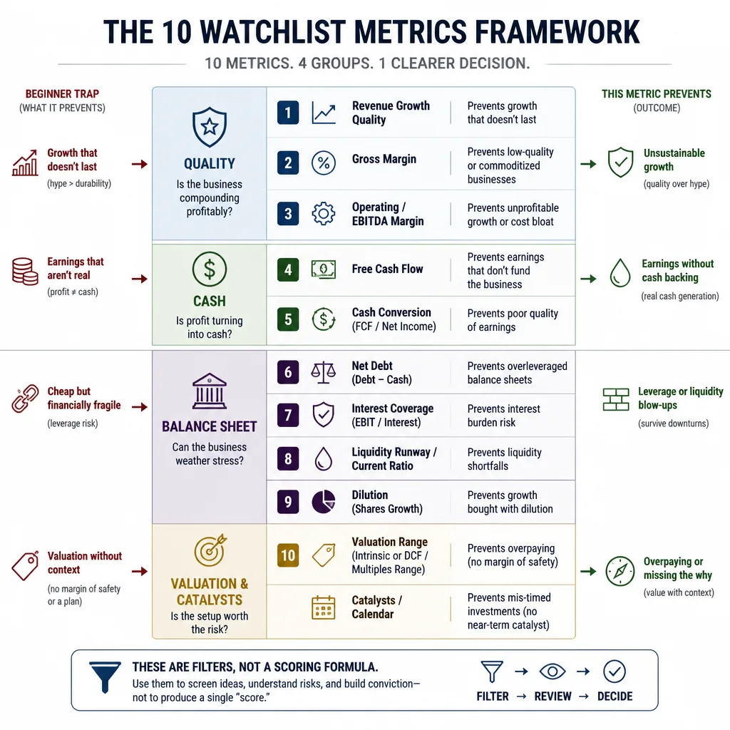 Grid of ten investing metrics grouped into four buckets with arrows showing how they help avoid common beginner traps.