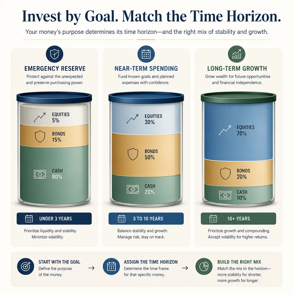 Three-column visual showing emergency reserve, near-term spending, and long-term growth buckets mapped to under 3 years, 3 to 10 years, and 10+ years with different asset stability levels.