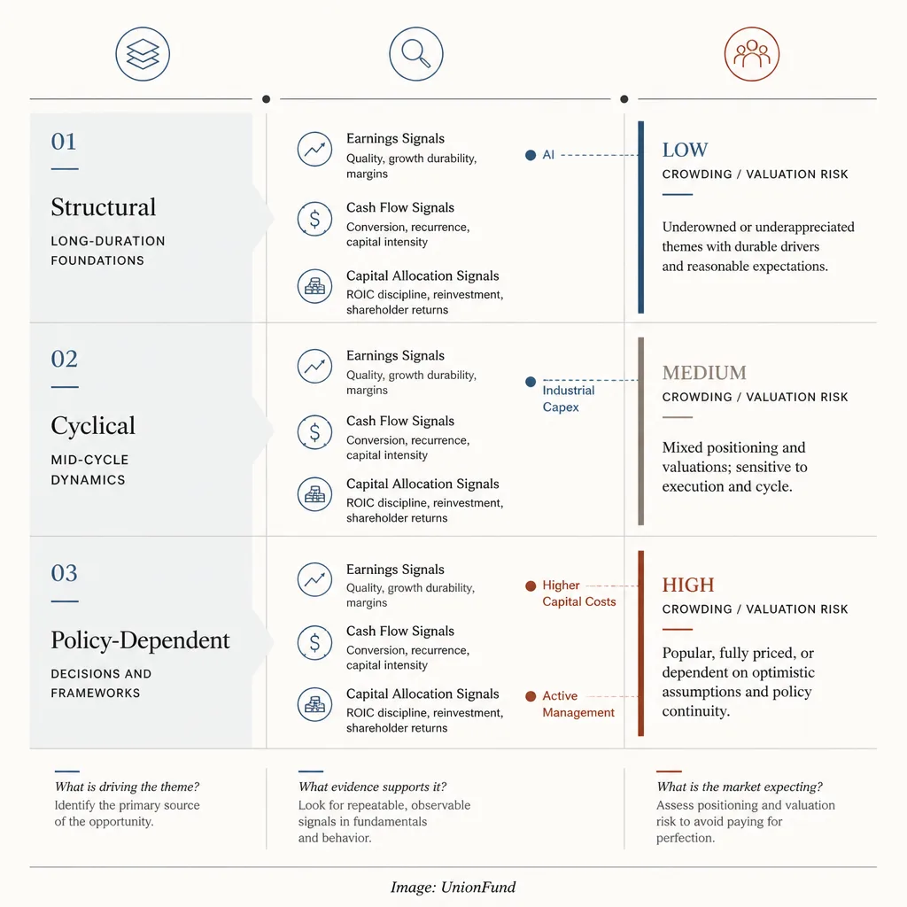 Decision framework with three columns comparing structural drivers, earnings visibility, and market crowding across investment themes