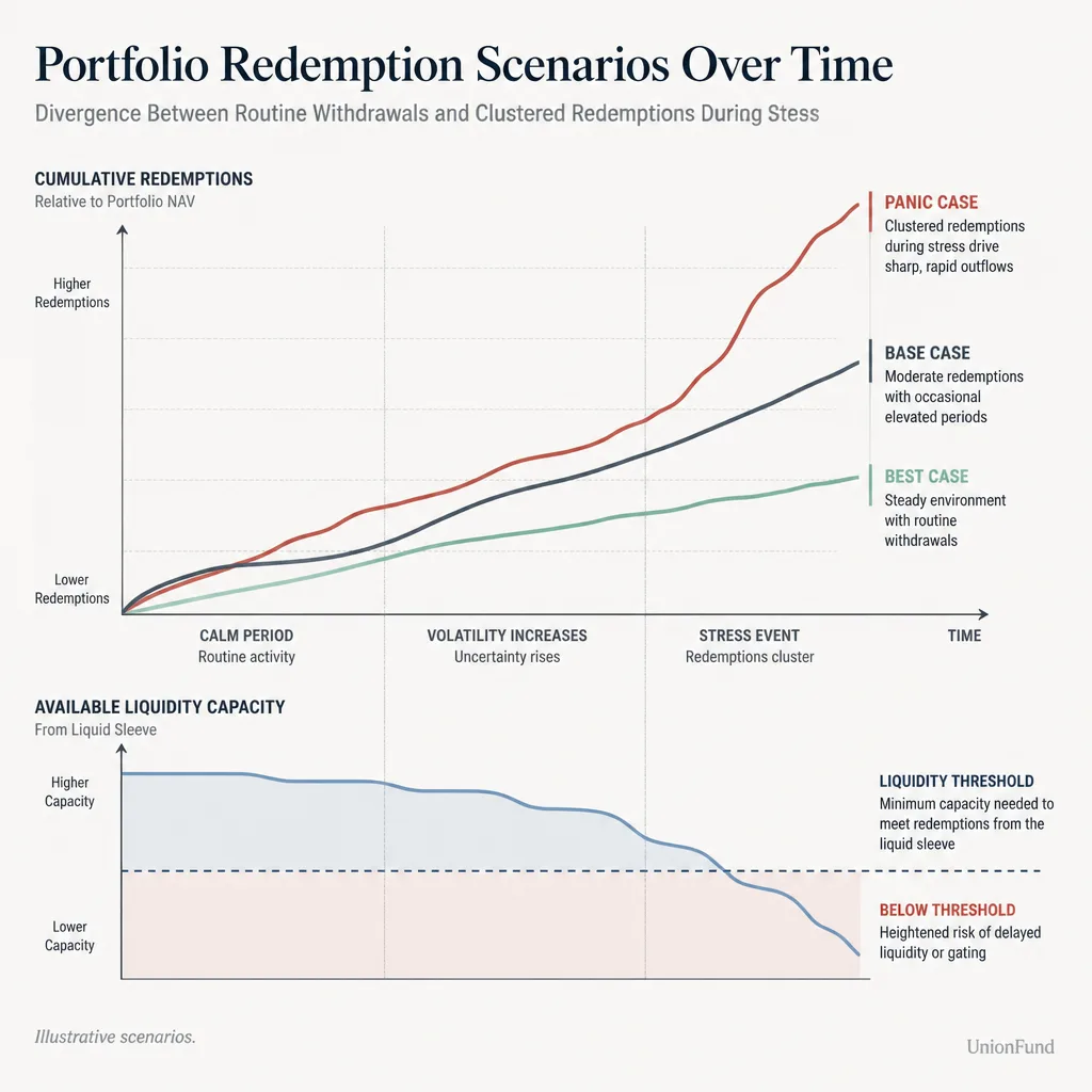 Scenario chart comparing best case, base case, and panic case withdrawal paths over time against available liquid assets